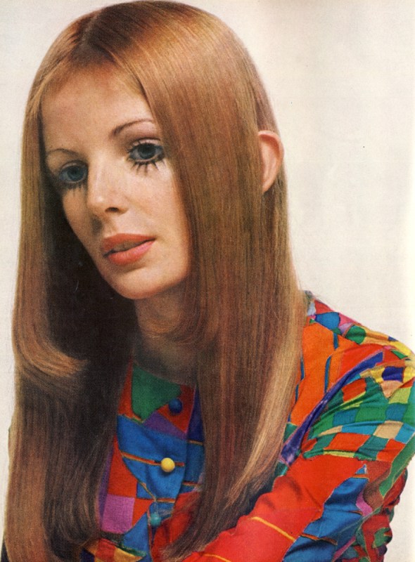 With the ear coquetry, Revlon's Natural Wonder watercolour eye shadows -- beige brown, and white from a three-part compact. Black cola and Cola Frost liners. Lipstick is Great Grannt Red. . . . Saint Laurent's "gypsy" bride dress: Brossin de Mere's silk patchwork ogranza. Ro order: I Magnin.