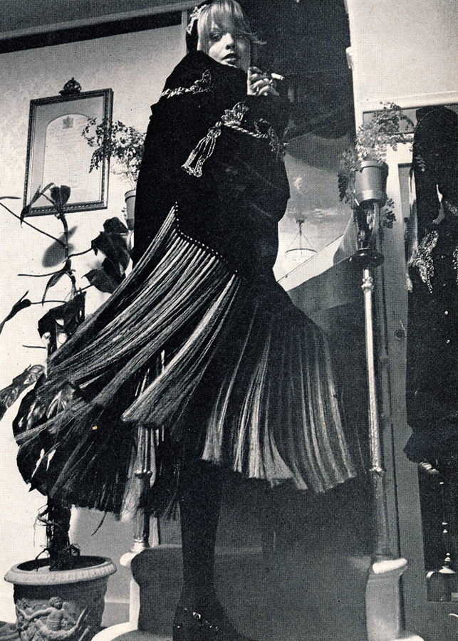 James Drew, at 3 Burlington Arcade, W1, was first established in 1838 so has quite a few years experience to draw on. Recently they have re-vamped their collection and now sell lots of incredibly luscious shirts by Turnbull & Asser of Jermyn St. They make them up in simple crepe silk, add fantastic embroideries. Pictured: velvet cape with multi-coloured fringing, embroidered with gold butterflies, £90; matching turban, £17.50; black crepe silk shirt with feather emblem embroidered in purple, shocking pink, fuchsia and magenta, £57.75; all from James Drew.