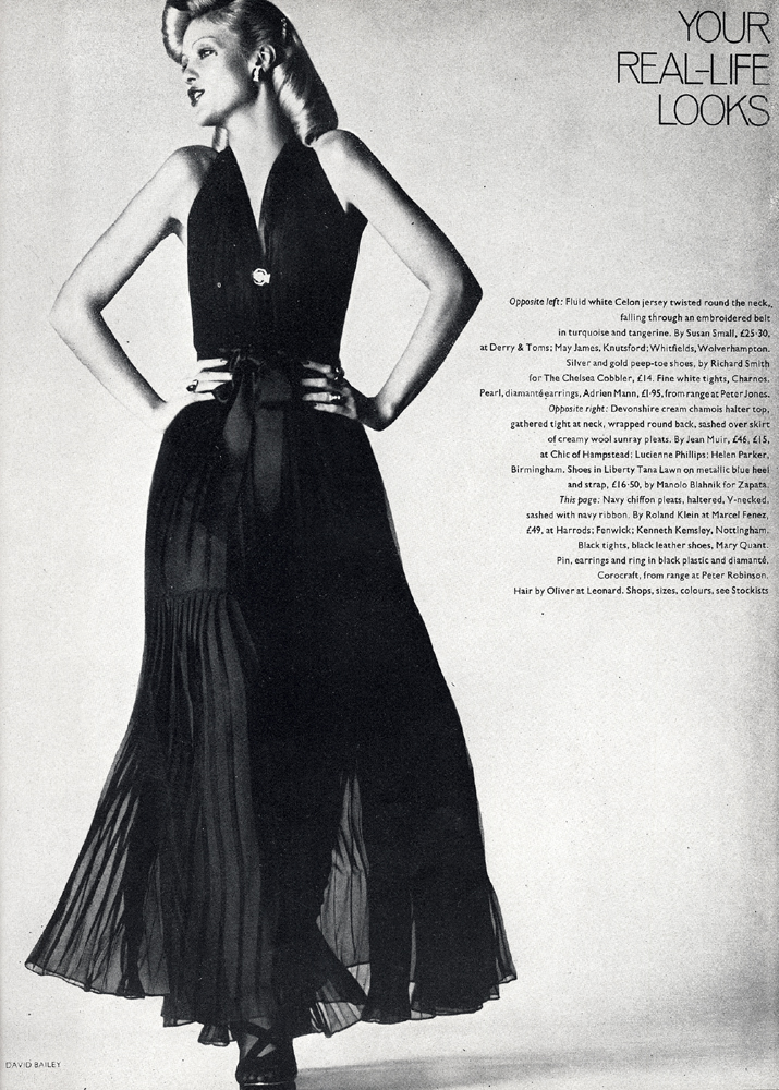 Navy chiffon pleats, sashed with navy ribbon, by Roland Klein at Marcel Fenez. Black leather shoes by Mary Quant.