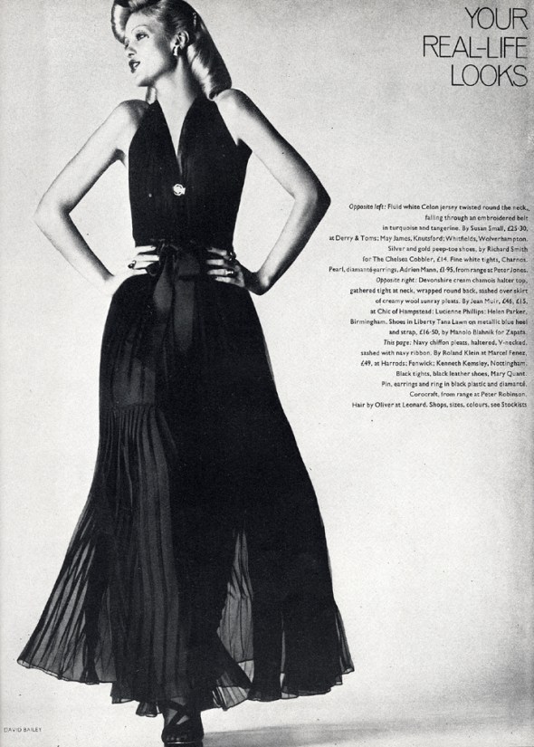 Navy chiffon pleats, sashed with navy ribbon, by Roland Klein at Marcel Fenez. Black leather shoes by Mary Quant.