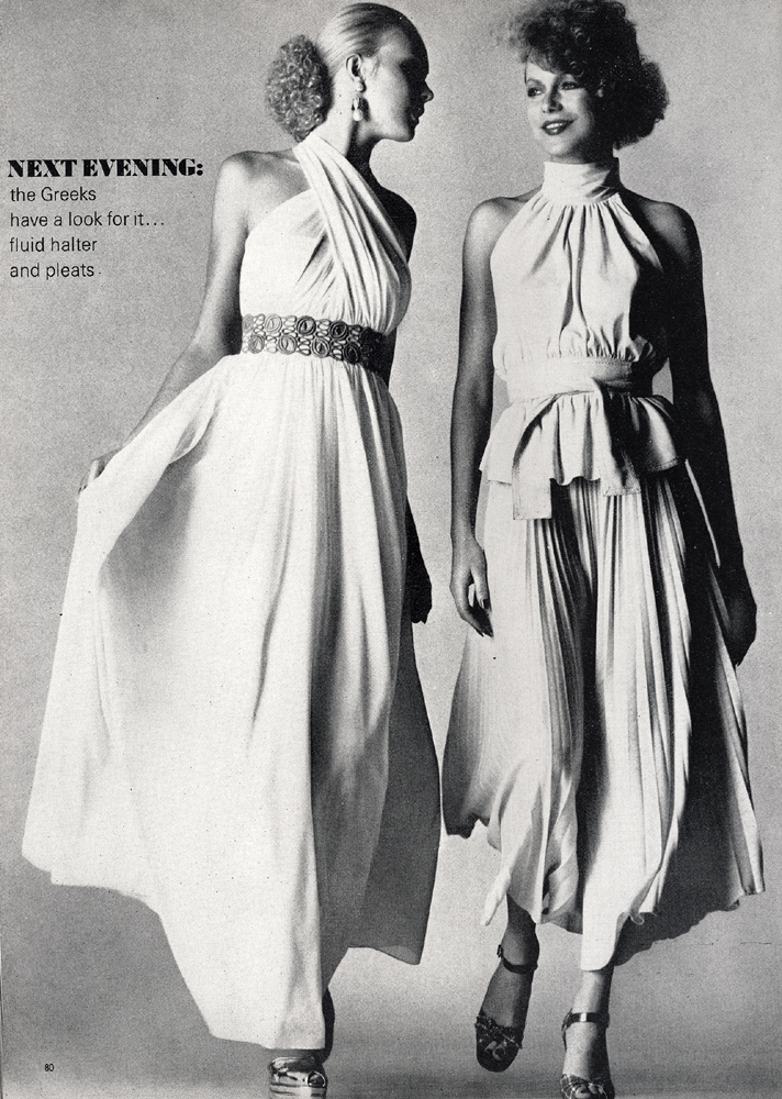 Left: Fluid white Celon jersey twisted round the neck, falling through an embroidered belt in turquoise and tangerine. By Susan Small. Silver and gold shoes by Richard Smith for Chelsea Cobbler. Right: Devonshire cream chamois halter top, sashed over skirt of creamy wool sunray pleats by Jean Muir. Shoes in Liberty Tana Lawn by Manolo Blahnik for Zapata. 