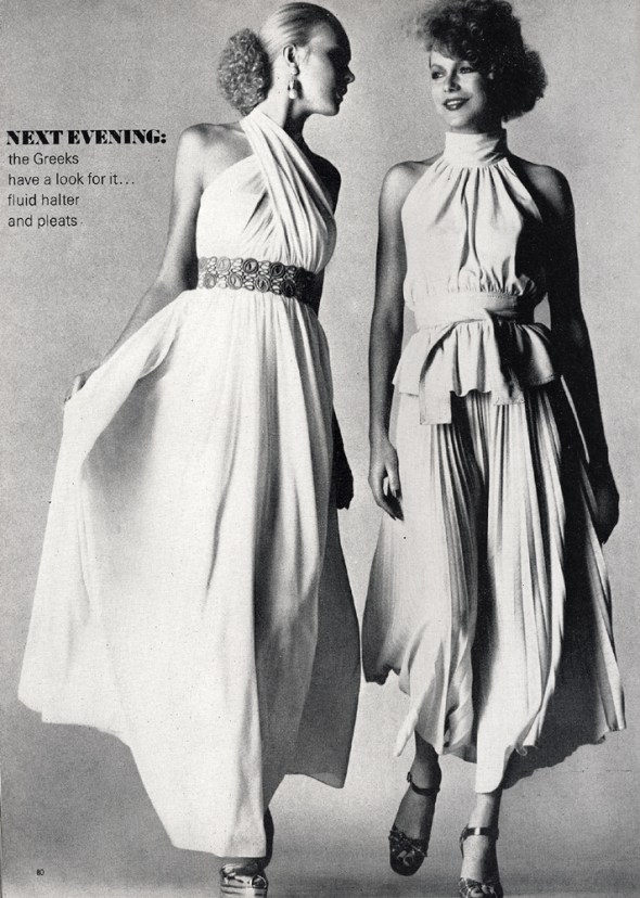 Left: Fluid white Celon jersey twisted round the neck, falling through an embroidered belt in turquoise and tangerine. By Susan Small. Silver and gold shoes by Richard Smith for Chelsea Cobbler. Right: Devonshire cream chamois halter top, sashed over skirt of creamy wool sunray pleats by Jean Muir. Shoes in Liberty Tana Lawn by Manolo Blahnik for Zapata. 