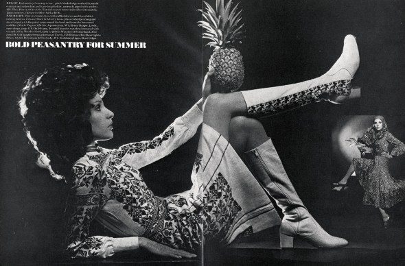 Embroidery from top to toe - pitch black design worked in panels on a natural calico shirt and knee length skirt, narrowly piped with scarlet; £24, Thea Porter. Natural canvas boots embroidered to match; 15gns to order, Chelsea Cobbler.