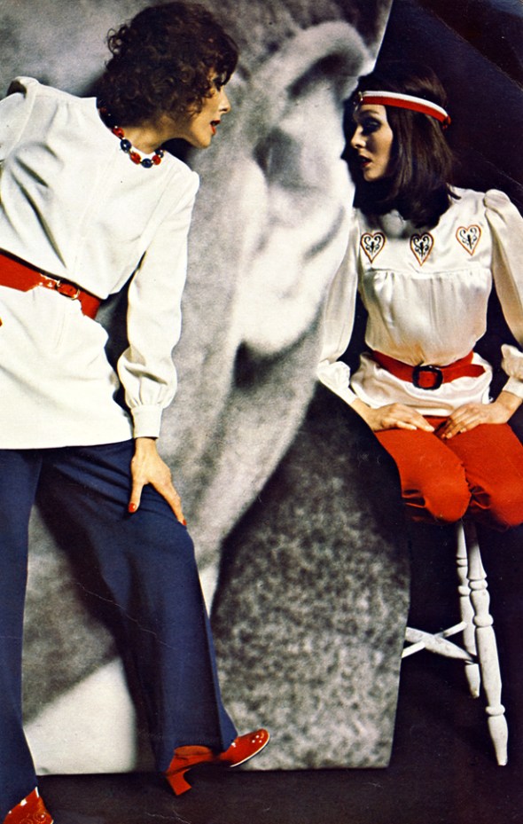 Crepe zipper upper dress with patent belt by Gordon King. Jersey trousers by Concept. Patent high-tongue shoes by Ronald Keith. Hearts and flower power satin top by Downtown. Red cotton trousers by Slimma.