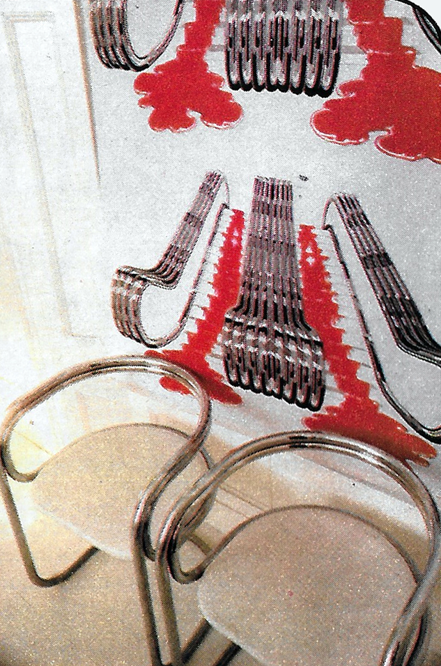 An unusual escalator roller blind, which has been silk-screen printed in red and black, on cotton.
