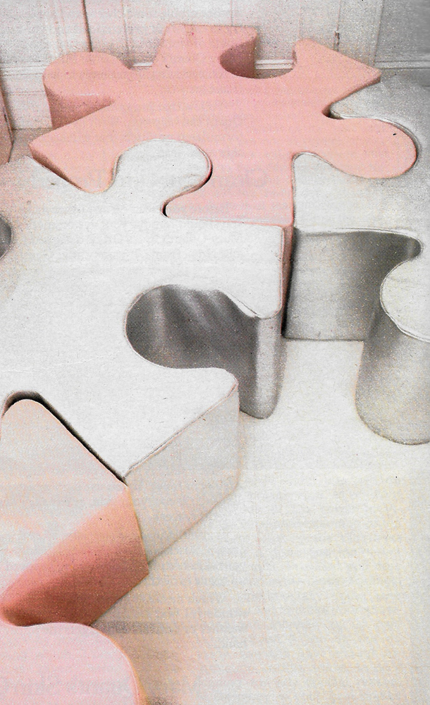 Intriguing foam-filled and interlocking jigsaw seats, can be pieced together or else used separately.