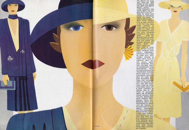 Left: Muffler, long cardigan with scroll embroidery, sleeveless putty crepe de chine gilet, skirt loosely pleated in front at Annacat. Hat by Jacoll. Right: Ivory crepe de chine open-work dress, couldn't be simpler, tied at the waist by Salvador. Straw hat by Bermona.