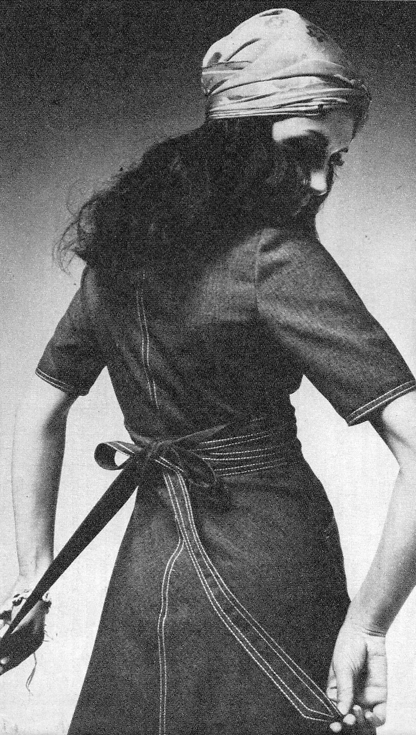 Grey midi dress by Mary Quant. Peach and orange scarf by Jean Howell.